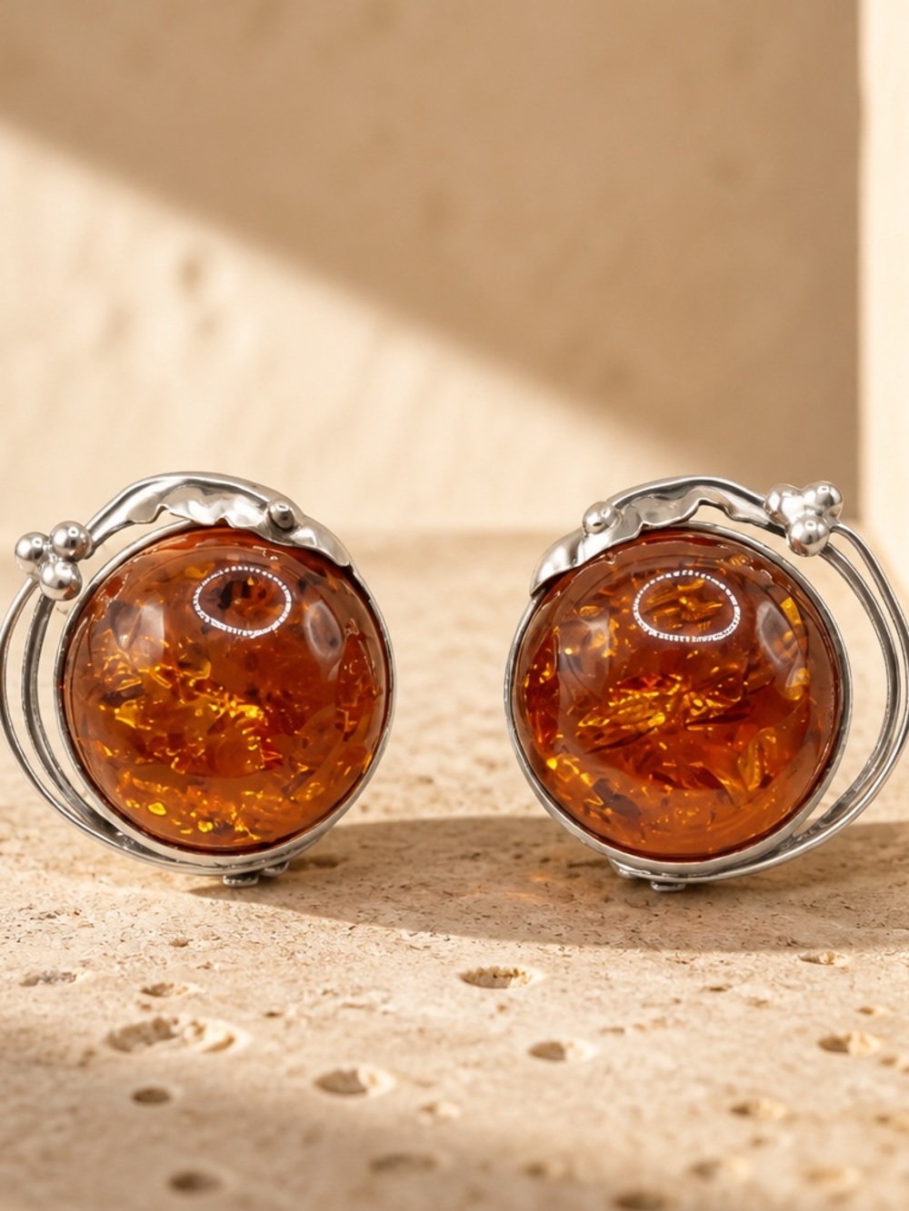 Sterling Silver Amber Dome Clip on Earrings - Honey Amber with Bugs